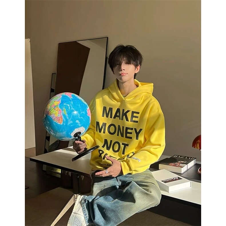 黄色重磅卫衣硬挺美式男连帽潮牌慵懒风宽松上衣oversize情侣外套图片
