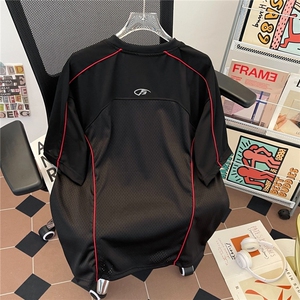 Q358-P45 速干球衣t恤网眼透气短袖夏季美式复古赛车骑行服图片