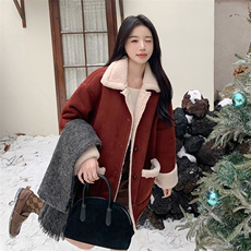 红色皮毛一体羊羔毛外套女2025秋冬新款小个子加绒加厚保暖棉服潮，女装毛呢外套，2C213