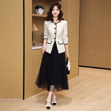 2024新款秋装女小香风短款西装简约撞色边设计感时尚气质两件套装，女装套装/套裙，时尚俏佳人