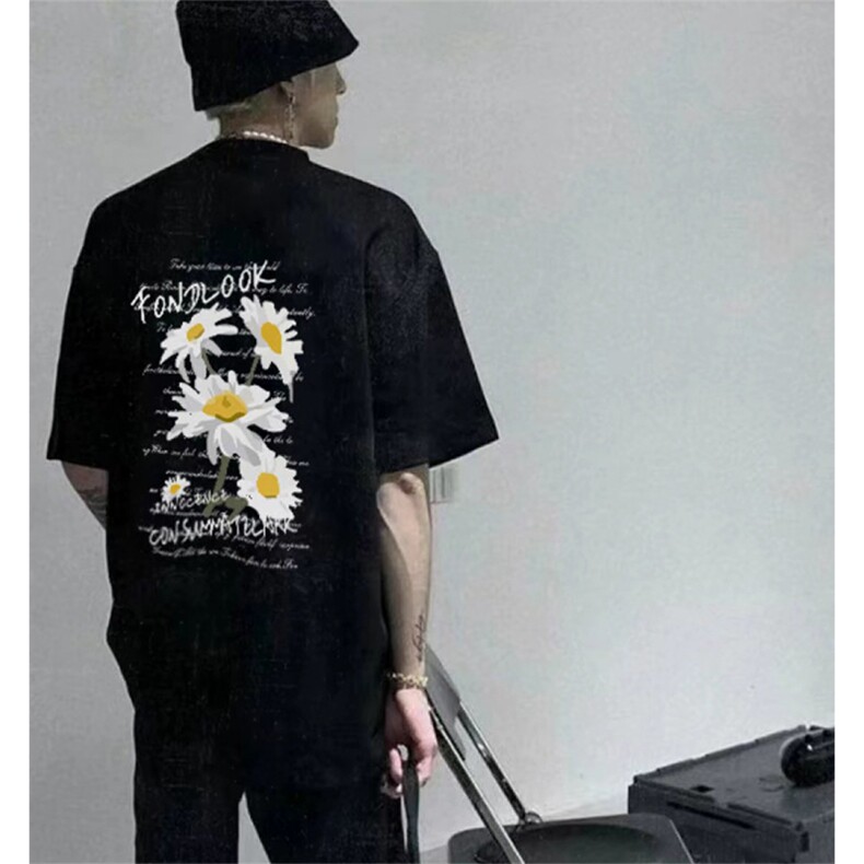抖音得物供货210克宽松纯棉美式潮牌印花落肩袖纯棉T恤AT2101图片