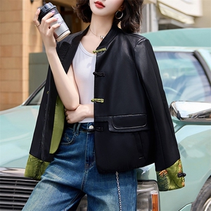 现货新中式仿真皮衣女短款2024新中式仿绵羊皮盘扣夹克外套女减龄图片