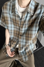 日系格子短袖衬衫男夏季潮牌美式复古宽松休闲慵懒风情侣衬衣外套，男装衬衫，电商A309