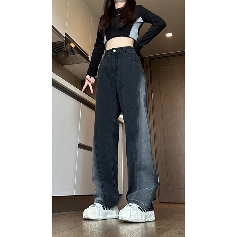 现货黑紫色拼接宽松阔腿直筒撞色休闲牛仔裤男女K5820-P50控78,男装牛仔裤,星座205