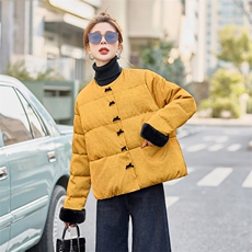 新中式提花羽绒服女2024冬季款毛绒拼接小个子白鸭绒保暖外套，女装羽绒服，卡杰菲