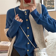 秋冬季仿羊毛休闲时尚通勤百搭复古小金扣插肩开衫，女装针织衫/毛衣，圣旺供货