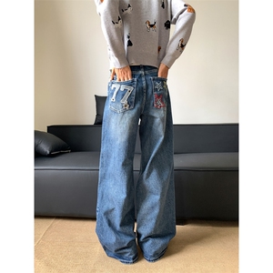 美式贴布刺绣牛仔裤男女秋潮牌cleanfit微喇长裤高街百搭直筒裤子图片