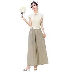 现货2024夏季女装新款时尚民族风盘扣装饰阔腿裤大版套裤，女装套装/套裙，尚洛菲