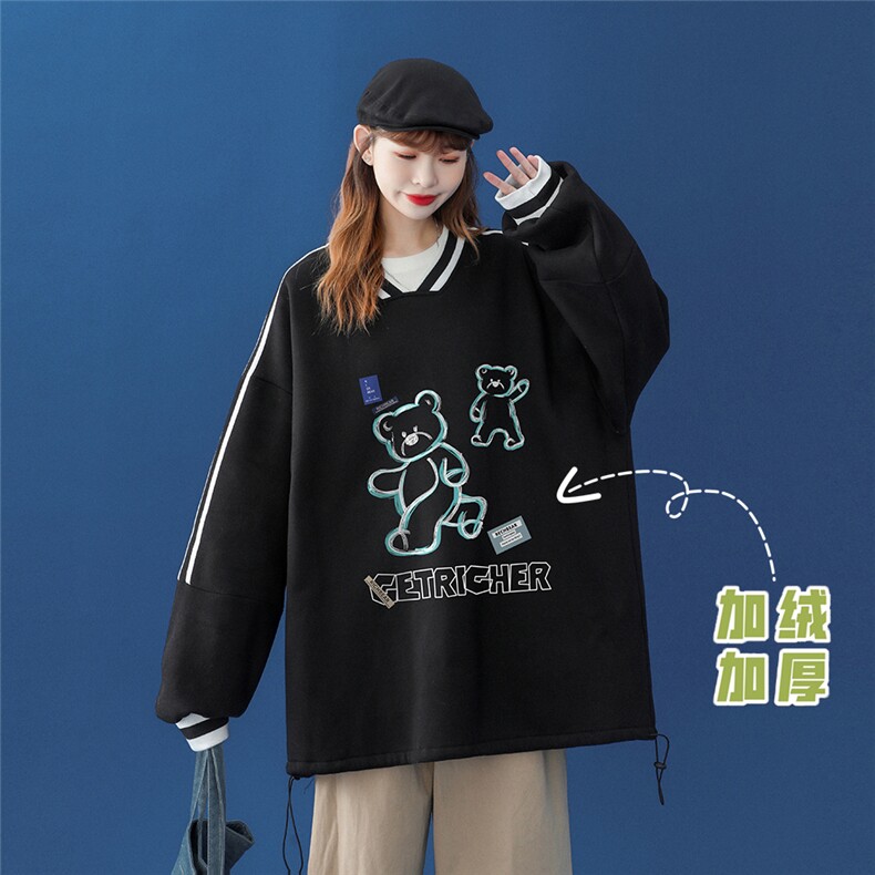 中性 秋季潮流小熊印花宽松拼接抽绳卫衣 B03JR  P55控78加绒P65图片
