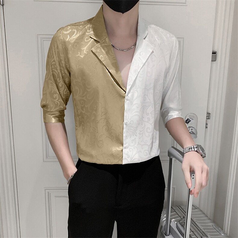 2023春夏男中袖衬衫社会风个性衬衣西装领拼接衬衫H750-P55,男装衬衫,星座419（原A233）