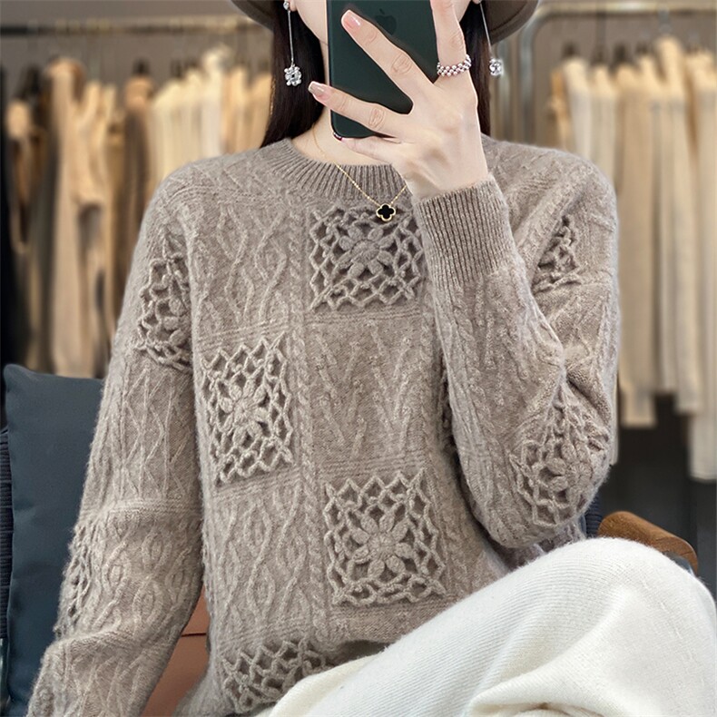 手工钩花女2024年新款秋季羊毛毛衣,女装羊毛衫,北娇羊绒