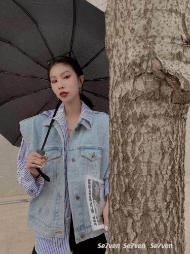 垫肩洋气网红牛仔马甲，女装马夹，777