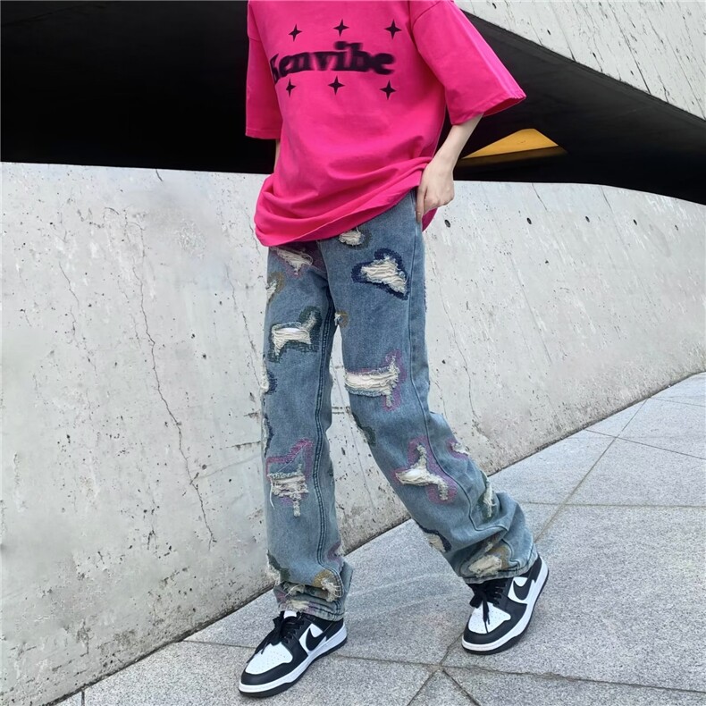 vibe美式复古高街针缝破洞牛仔裤男欧美潮牌嘻哈直筒宽BK41-P73,男装牛仔裤,星座1109-3