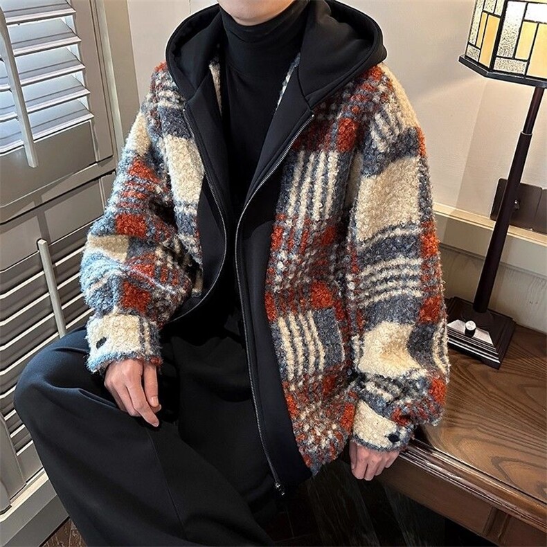 1506-1/GJ484-20/P79毛呢大衣男冬季美式复古假两件连帽棉服,男装棉衣,星座1506A