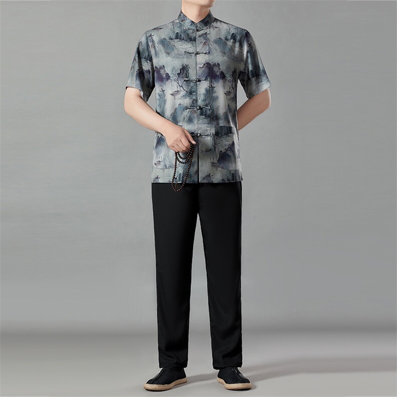 唐装男爸爸夏装短袖冰丝风衣服中老年人爷爷夏季汉服休闲套装,男装民族服装,电商B212（原钱塘6029）