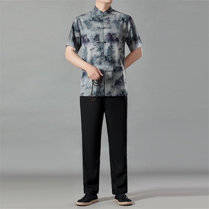 唐装男爸爸夏装短袖冰丝风衣服中老年人爷爷夏季汉服休闲套装图片