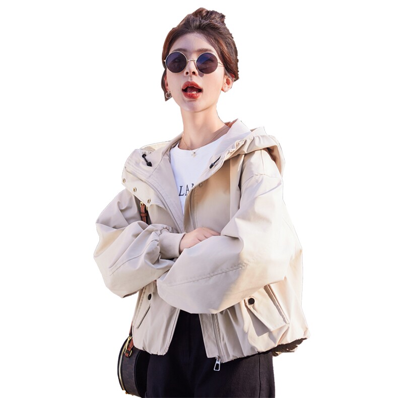 小个子休闲短款风衣女春装新款大码宽松减龄连帽外套夹克上衣,女装风衣,微微衣阁