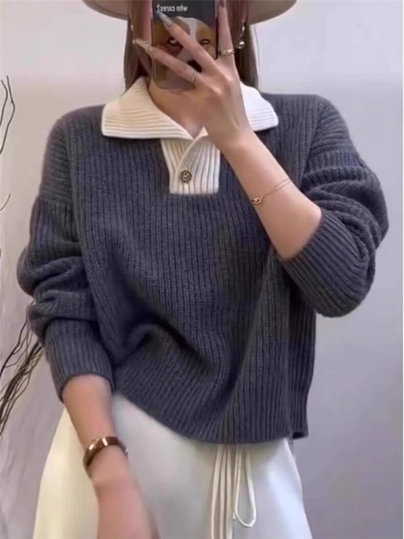 女士纯色拼接秋季新款时尚显瘦半开拉领羊毛衫图片