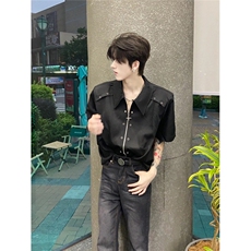 小众金属解构设计感拉链衬衫男潮牌垫肩短袖高级感层次痞帅衬衣潮，男装衬衫，星座506A