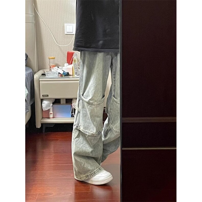 1506/Q72990/P47美式水洗做旧拼接阔腿宽松直筒休闲拖地长裤,男装休闲裤,星座1506