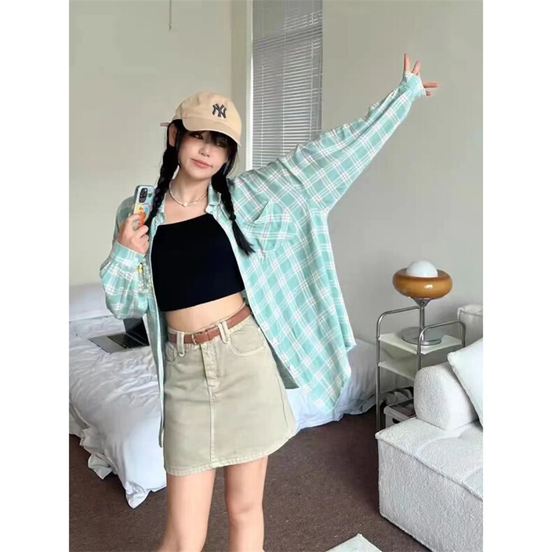 TC489-P45新款格子翻领开衫韩版百搭宽松休闲衬衫，女装衬衫，星座617A-2