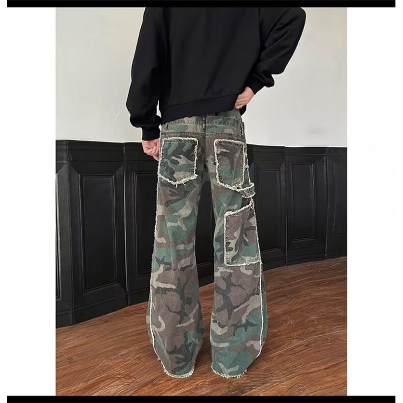 复古迷彩破洞工装裤男款美式拼接多口袋高街vibe风阔腿裤宽松直筒图片