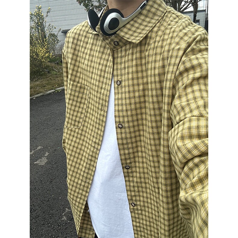 春季长袖休闲衬衣外套男休闲日系复古格子衬衫 CS281-P40图片