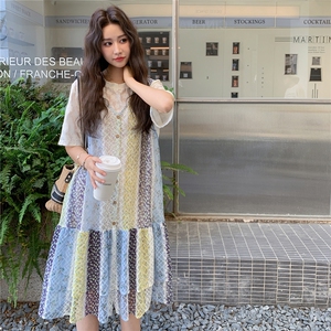设计感撞色碎花吊带连衣裙套装女2025夏季新款叠穿蕾丝T恤两件套图片