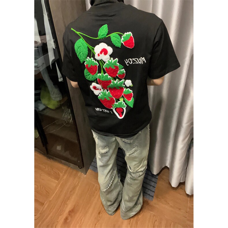 网图有货夏季美式高街草莓印花纯棉情侣短袖宽松t恤男女A464-P25,男装T恤,星座1505