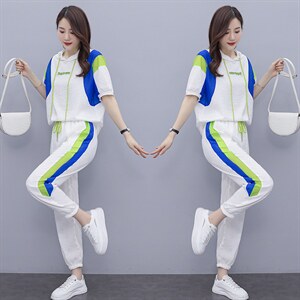 短袖时尚套装女2022夏季新款女装韩版休闲百搭撞色绣花两件套裤潮图片