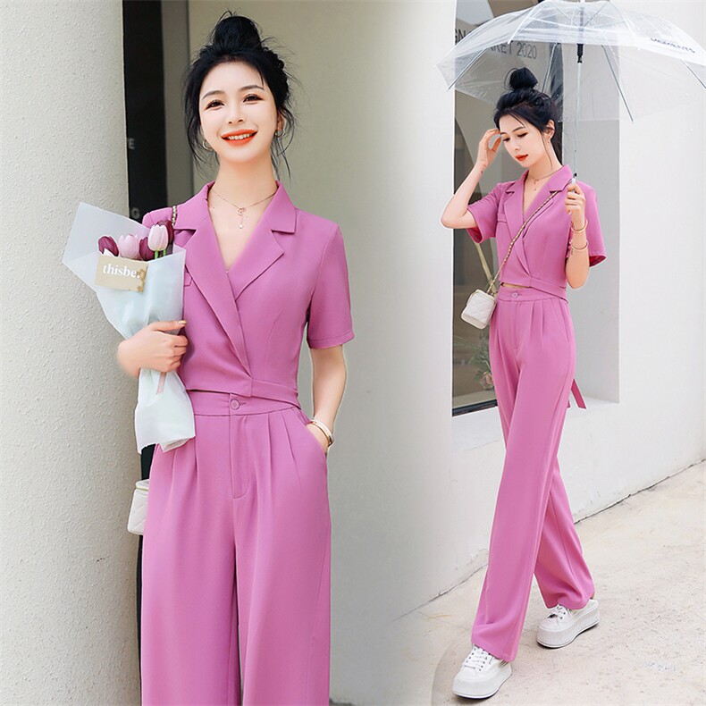 时尚气质紫色两件套装女夏季新款显瘦职业装短袖西服外套阔腿裤,女装套装/套裙,秋水欣儿