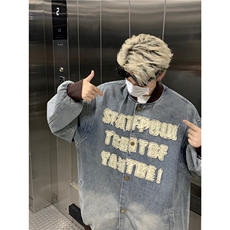 美式水洗做旧棒球服外套男秋季vibe潮牌宽松休闲字母贴布牛仔，男装工装外套，星座1210-1
