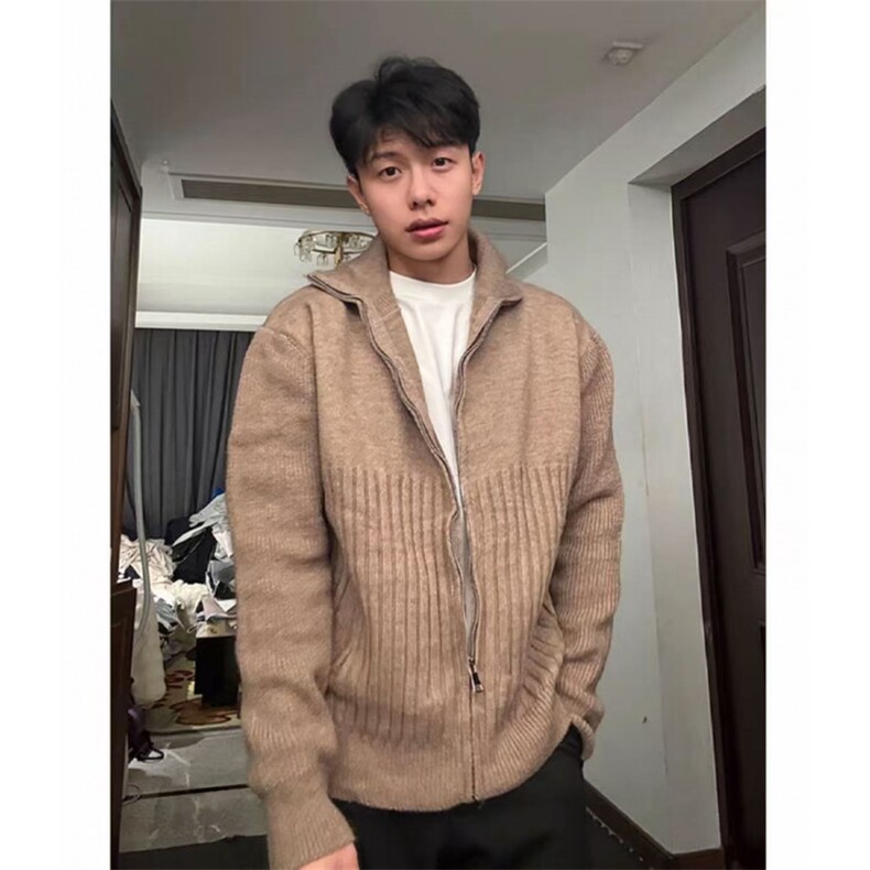 黑灰现货冬季美拉德正肩短款高领双拉链开衫毛衣冬季外套ZZS93P65,男装针织衫/毛衣,电商D256