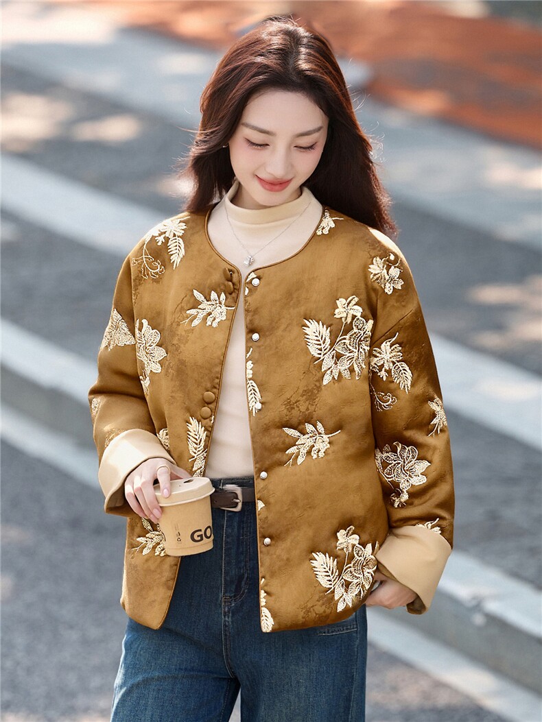 2025冬装新款优雅刺绣轻薄棉衣,女装棉衣/棉服,伊仟回