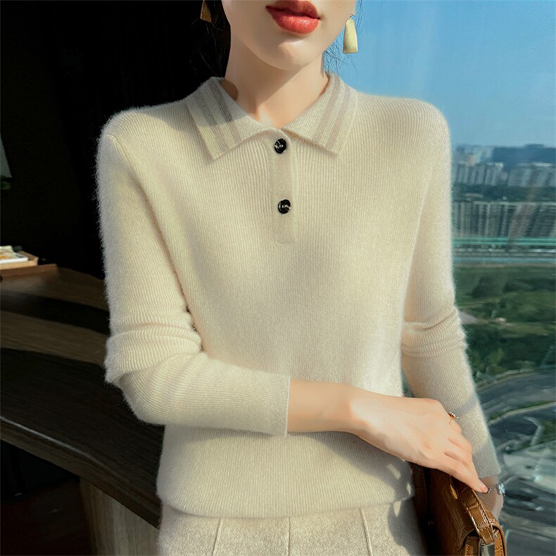 2025舒适百搭简约polo领套头衫，女装羊绒衫，更慕羊绒