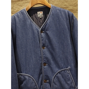 小众秋冬水洗牛仔棉衣夹克男绗缝保暖包边无领棉服外套TT2289 P77图片