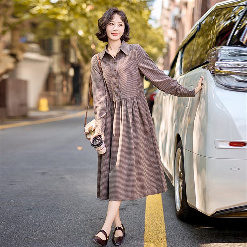 格纹衬衫连衣裙女2025春季新款宽松显瘦气质名媛收腰长裙,商品下架区,水衣源