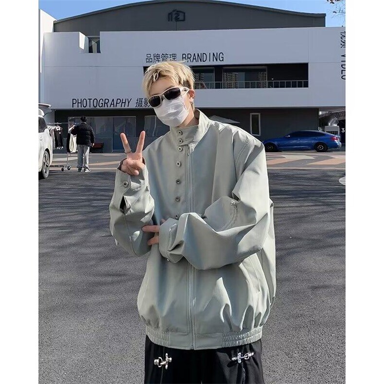 TH08-P55夹克有垫肩原版抽绳黑色灰绿色M-2XL，男装夹克，星座1503-1