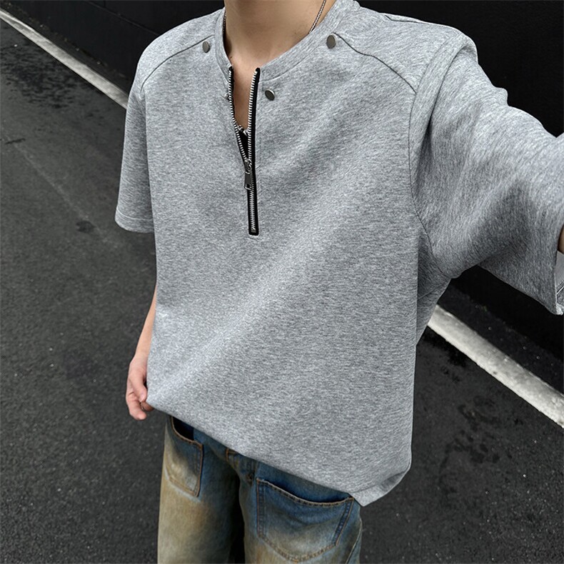 夏季亨利领半拉链小众设计垫肩短袖T恤男潮牌宽松A210A-TX20-P30，男装T恤，电商A210A