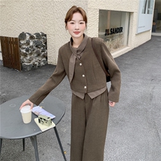 小香风卡其色毛呢套装女冬高级感加棉内胆外套半身裙气质两件套，女装套装/套裙，2C218