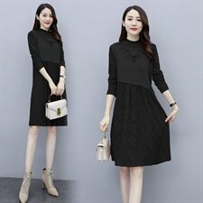 2020冬季新款仿貂绒拼蕾丝花边领烫钻加绒打底衫（配饰品），女装连衣裙，安之芮娜