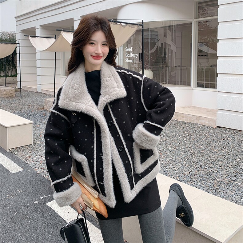 新款！现货！小碎花加厚皮毛一体外套6973-P215-K318,女装派克服,2D034