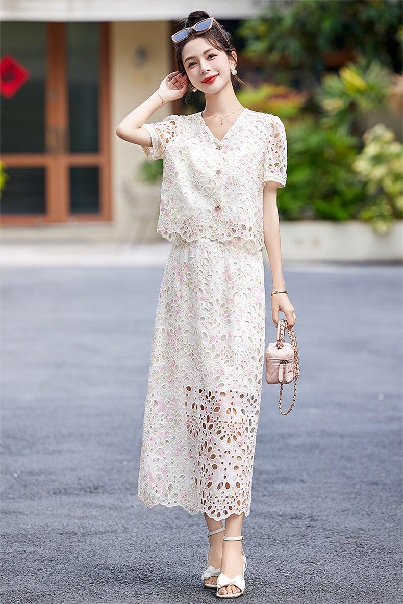 小香风蕾丝套装裙女2024夏新款甜美名媛气质钉珠上衣半身裙两件套,女装套装/套裙,众宇琦