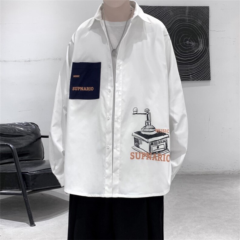 2021春新款个性学院风时尚长袖印花衬衫C035-P45,男装衬衫,电商A177