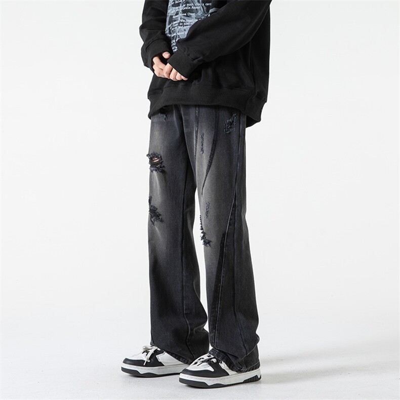 B221美式ins高街小众情侣款破洞微喇牛仔裤LK23001-P65控88,男装牛仔裤,电商B221
