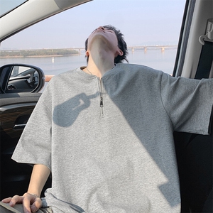 特批P40无差价夏季高克重半拉链复古休闲纯棉宽松短袖T恤男T5136图片