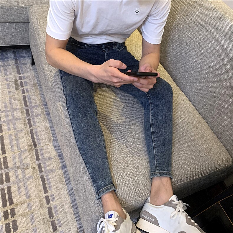 B230怀旧深蓝色弹力修身小脚牛仔简约百搭显瘦九分裤图片