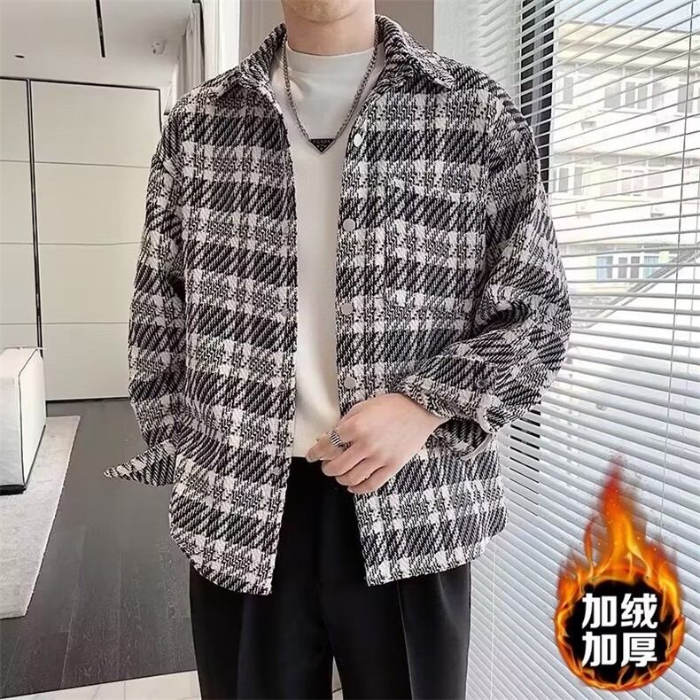 现货秋装男款小香风外套秋冬加绒加厚高级感格子潮牌衬衫痞帅宽松,男装衬衫,星座218-1（原230）