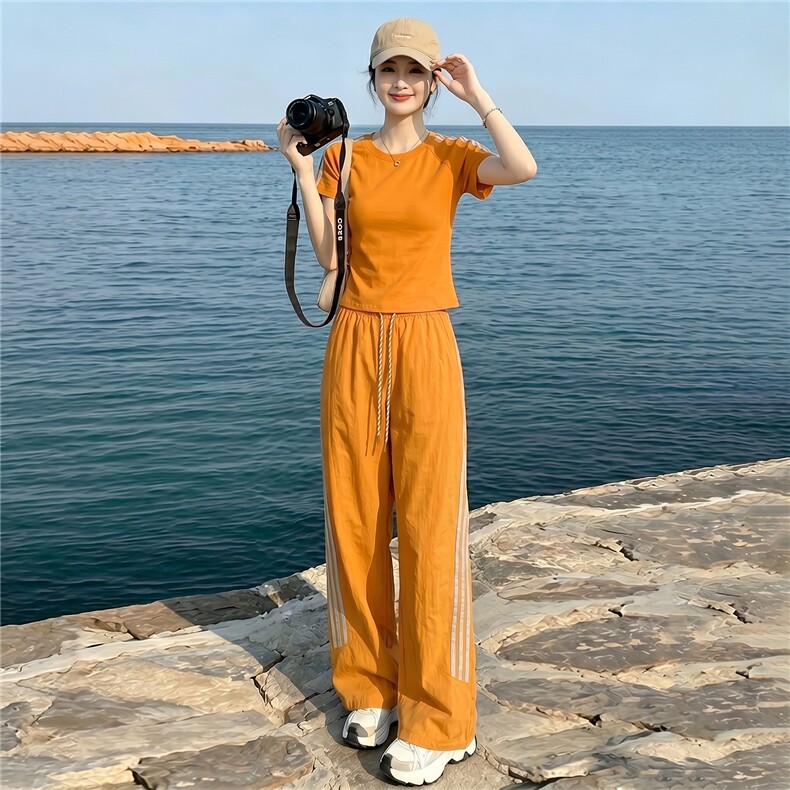 高级感时尚休闲套装女夏季新款高级感圆领短袖上衣束脚长裤两件套,女装套装/套裙,江南