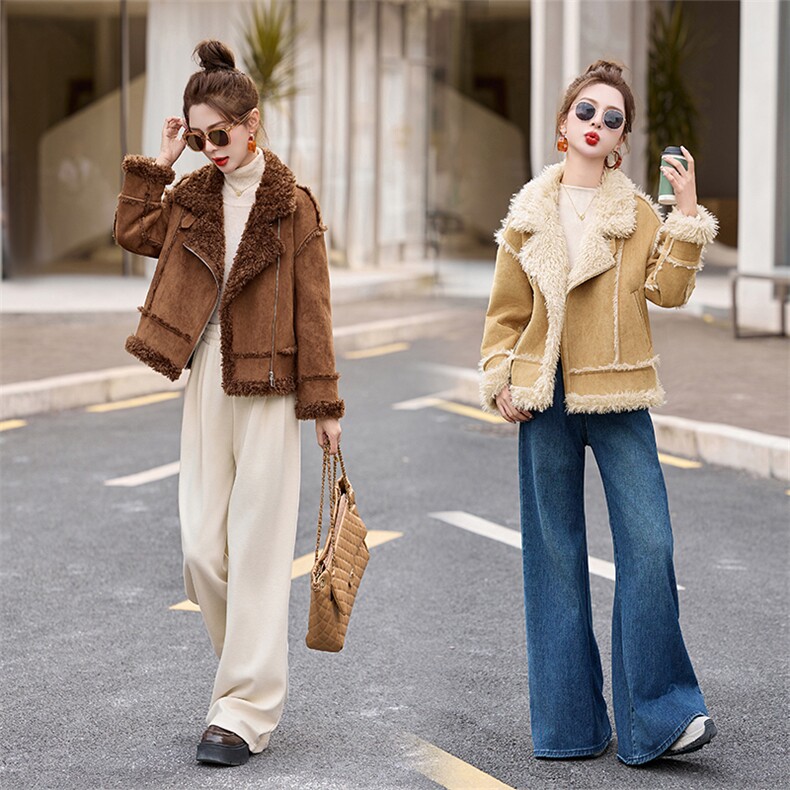 皮毛一体羊羔毛外套女2024冬新款小个子加厚保暖鹿皮绒机车服棉服图片